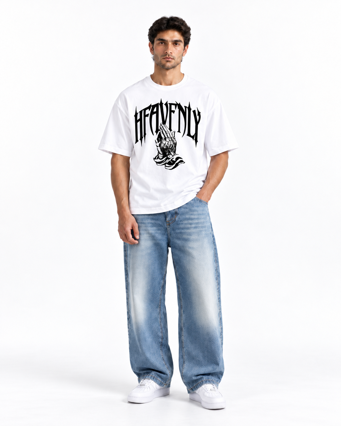 Heavenly Gothic Praying Hands Oversized T-Shirt - White