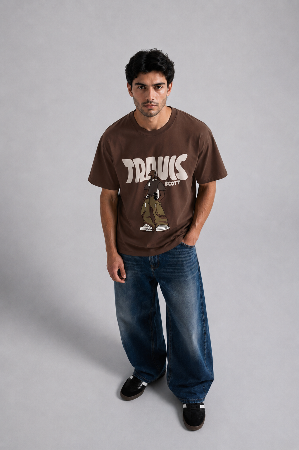 Travis Scott oversized brown t-shirt streetwear detail