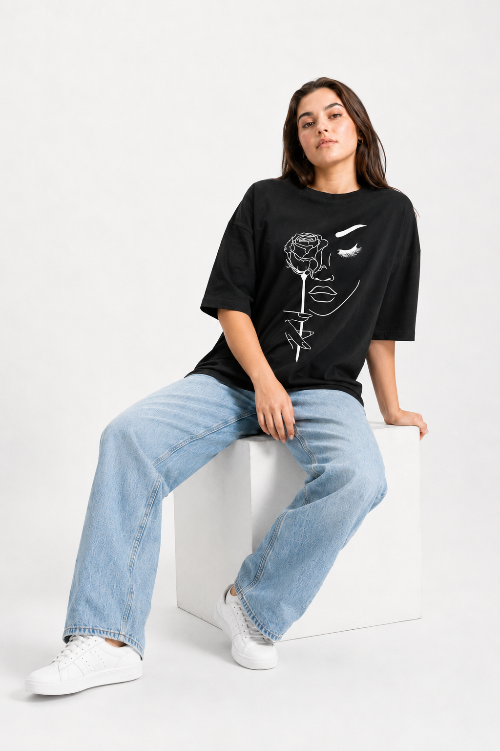 Rose Face Graphic Oversized T-Shirt – Black Streetwear