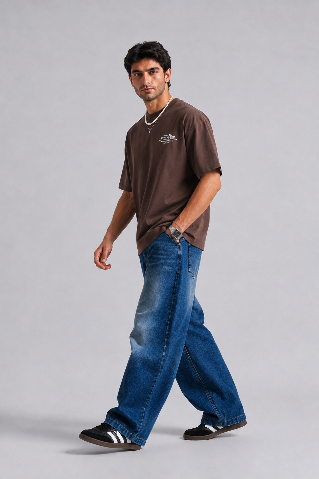 A man wearing a brown short-sleeve t-shirt, wide-leg blue jeans, and black sneakers with white stripes, walking against a light gray studio background.