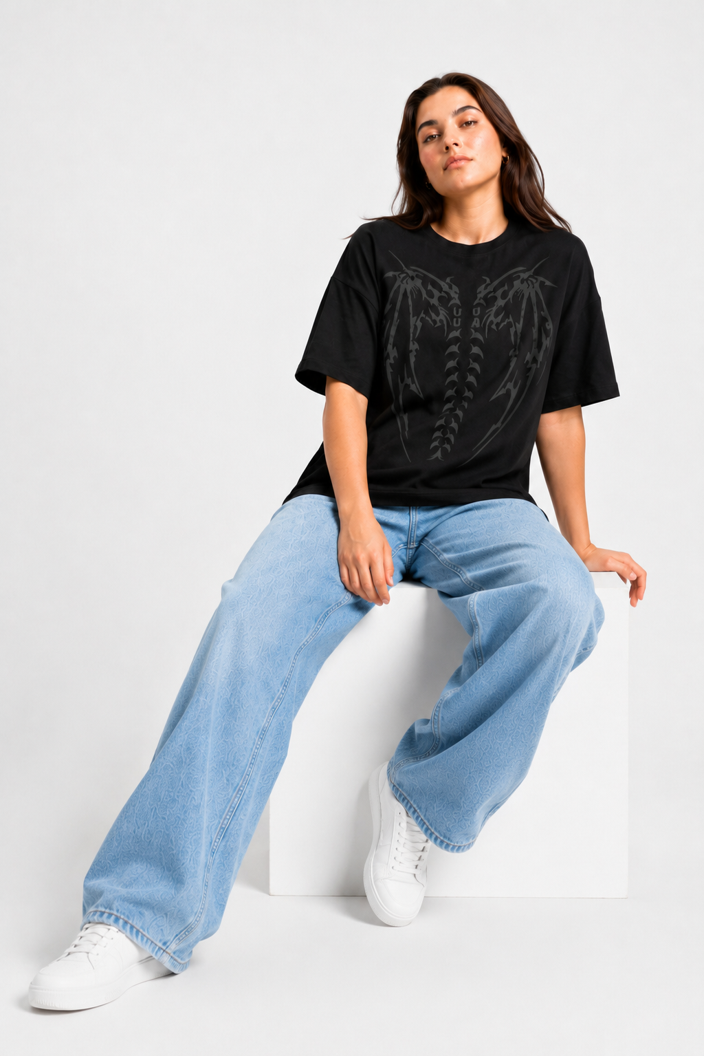 Shadow Wings Oversized Graphic T-Shirt – Black