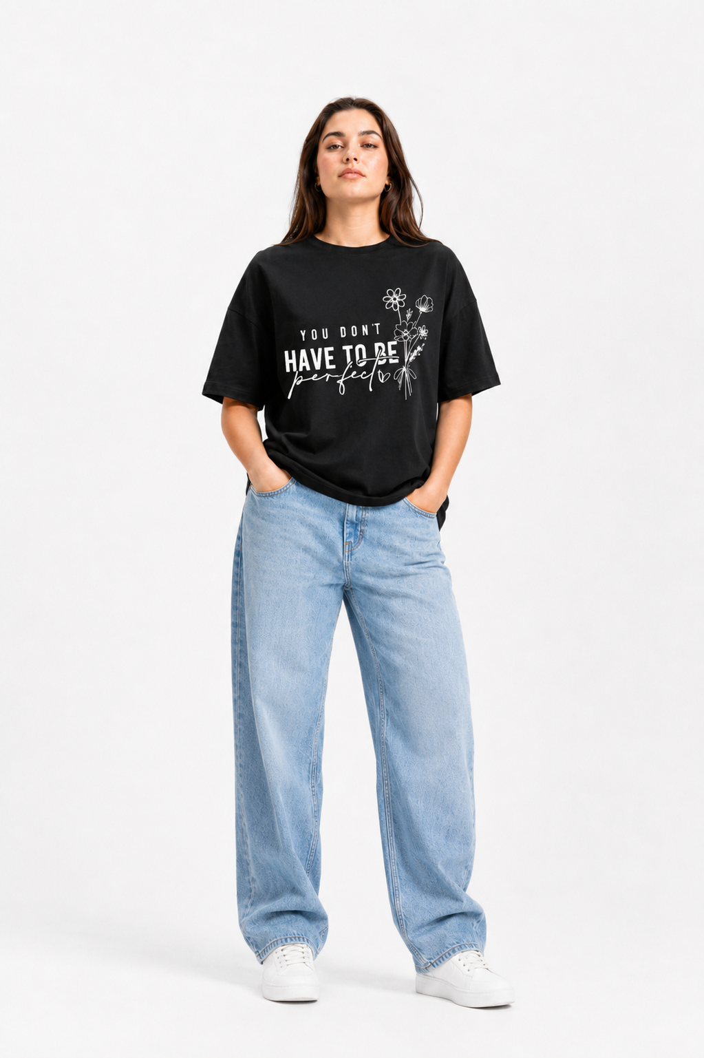 You Don’t Have to Be Perfect Floral Graphic Oversized T-Shirt Black