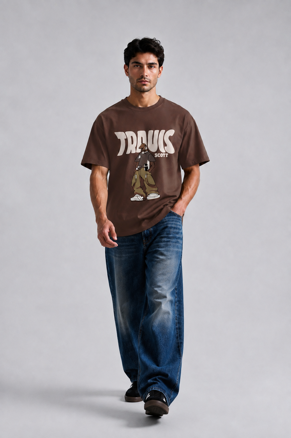 Model wearing brown Travis Scott oversized graphic t-shirt