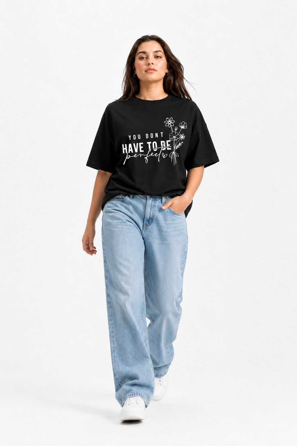 You Don’t Have to Be Perfect Floral Graphic Oversized T-Shirt Black