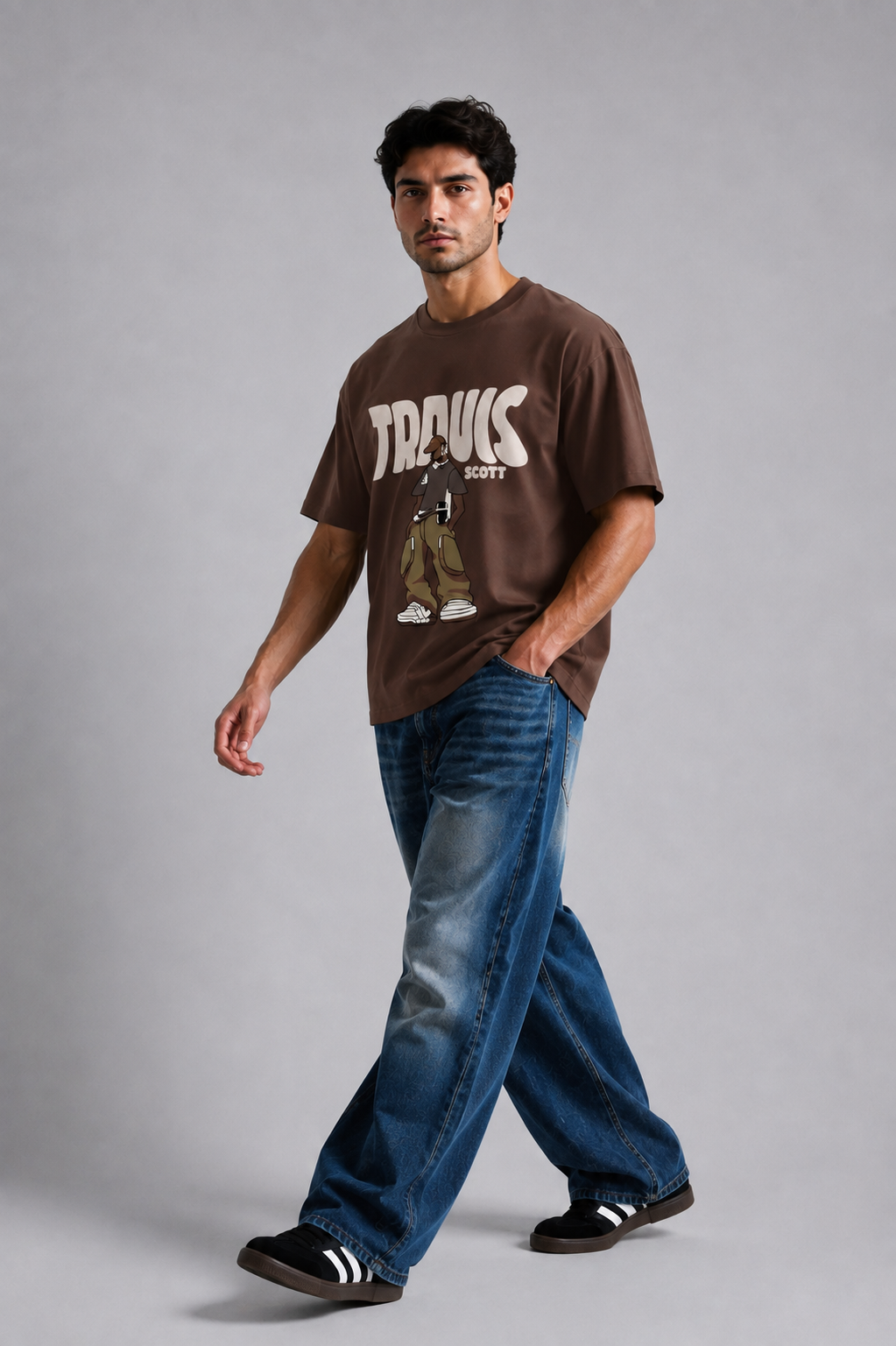 Brown Travis Scott oversized t-shirt graphic close-up