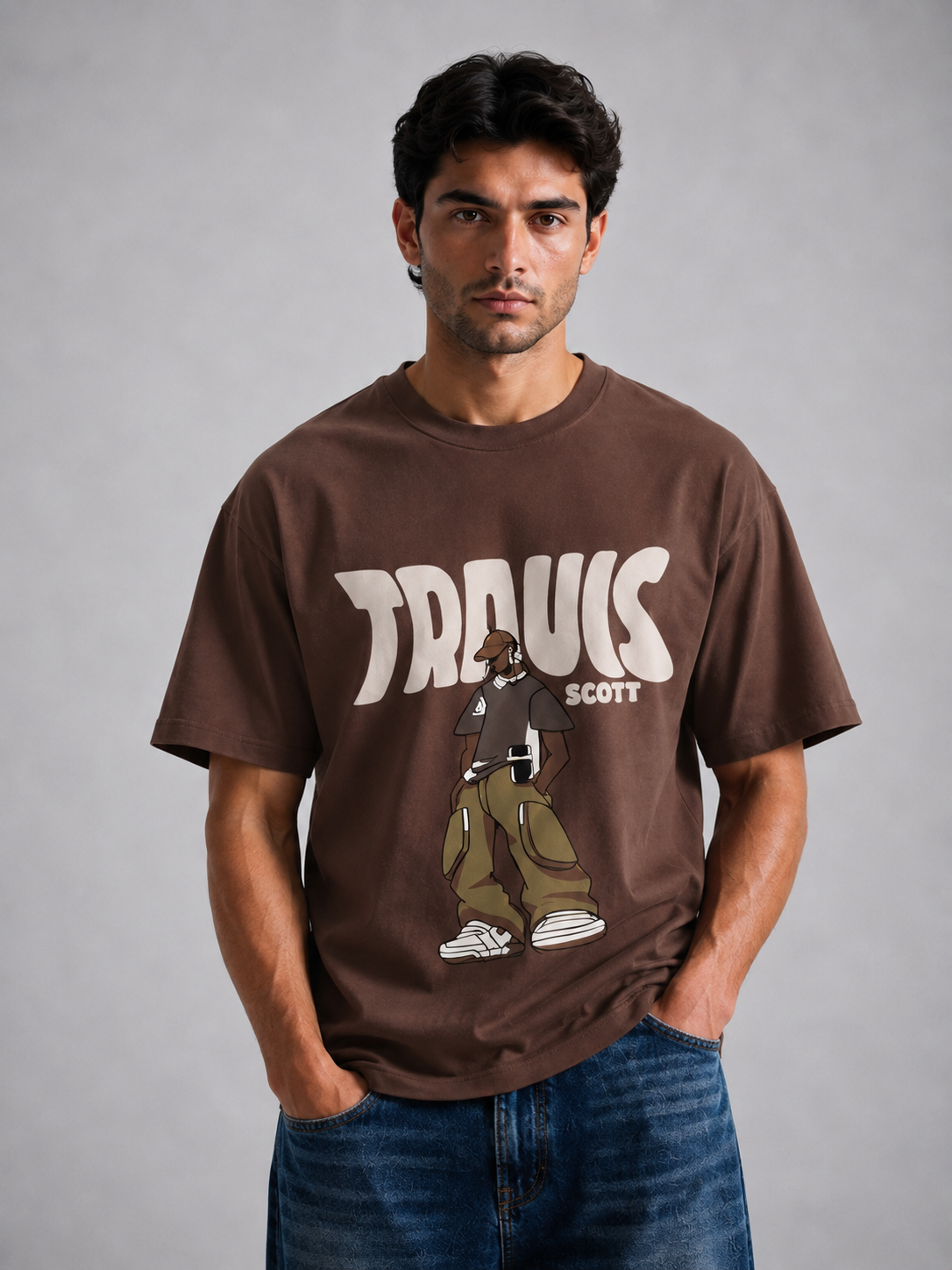 A man wearing a brown crewneck graphic t-shirt with 'TROUS SCOTT' and an illustration of a person in khaki pants, paired with blue jeans, against a gray studio background.