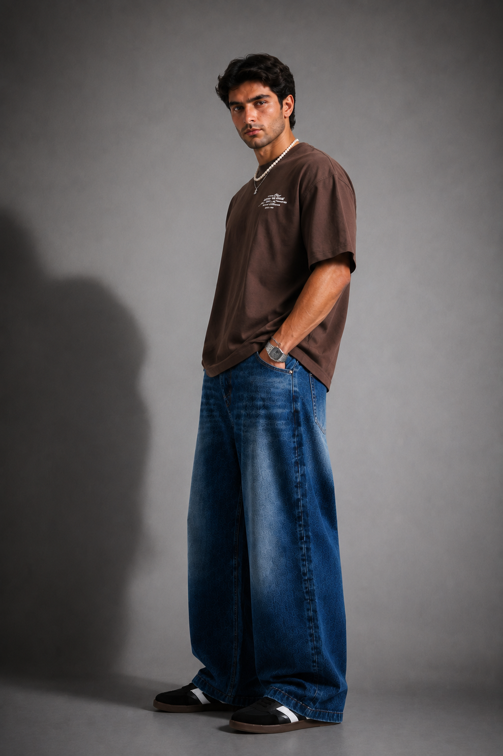 Model wearing brown oversized Unknown Paradise graphic T-shirt with baggy blue jeans