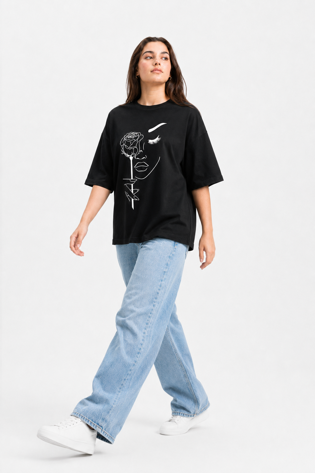 Rose Face Graphic Oversized T-Shirt – Black Streetwear