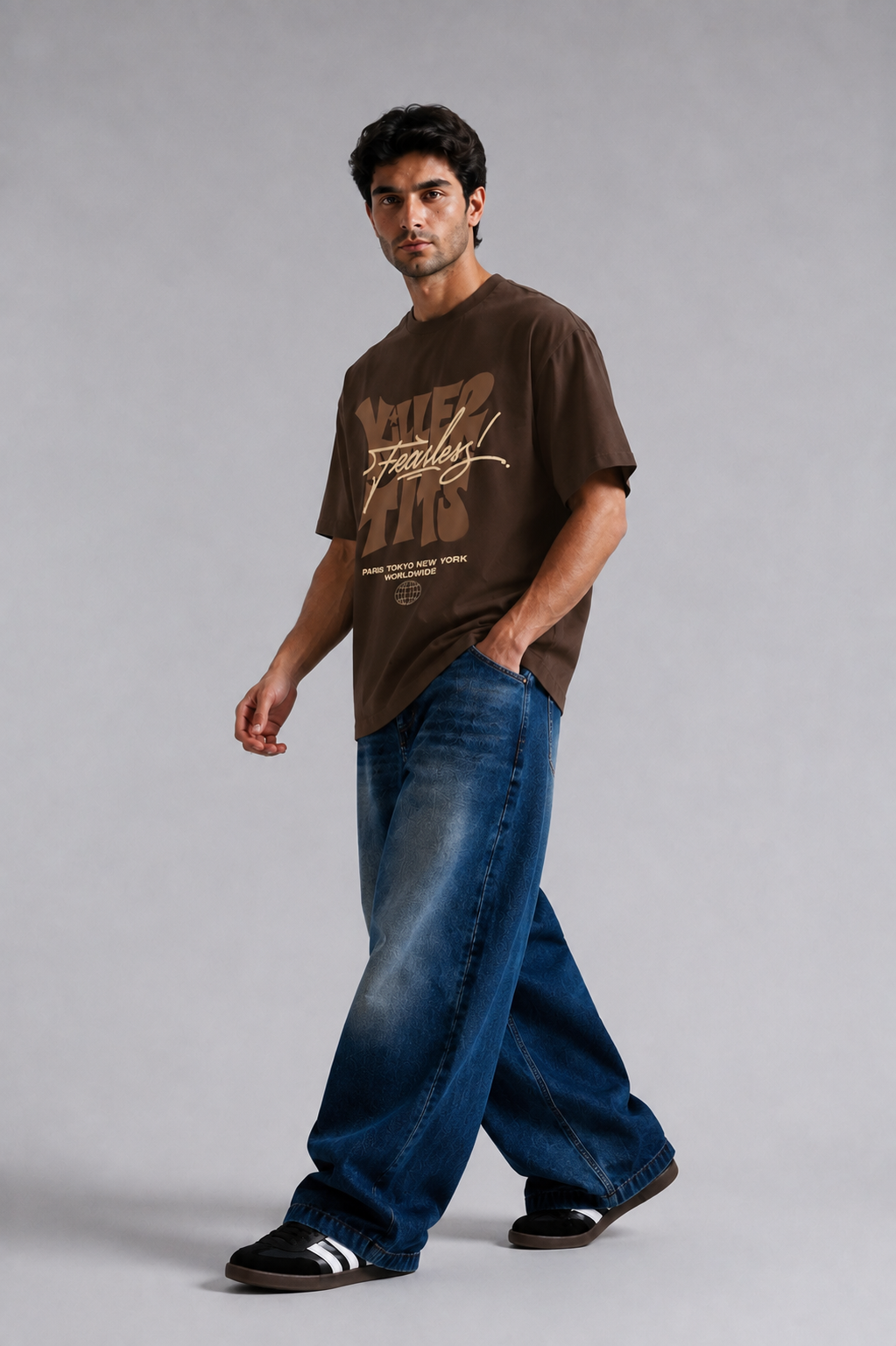 Model wearing brown Fearless oversized streetwear t-shirt