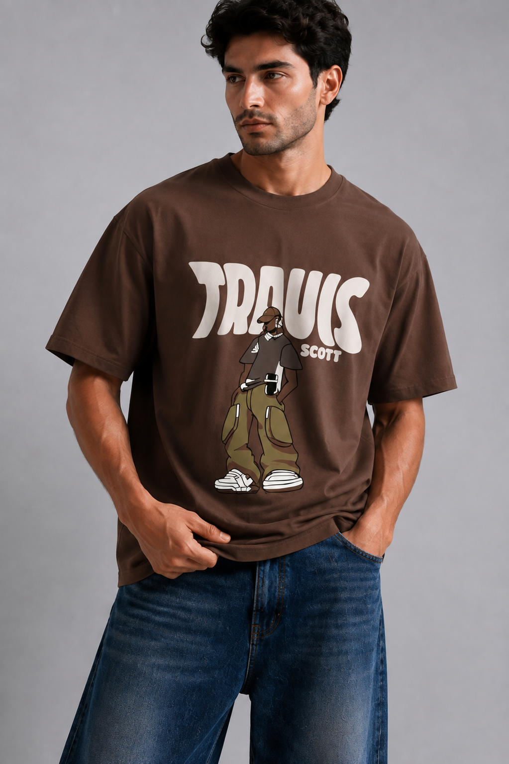 Travis Scott graphic t-shirt full body streetwear look