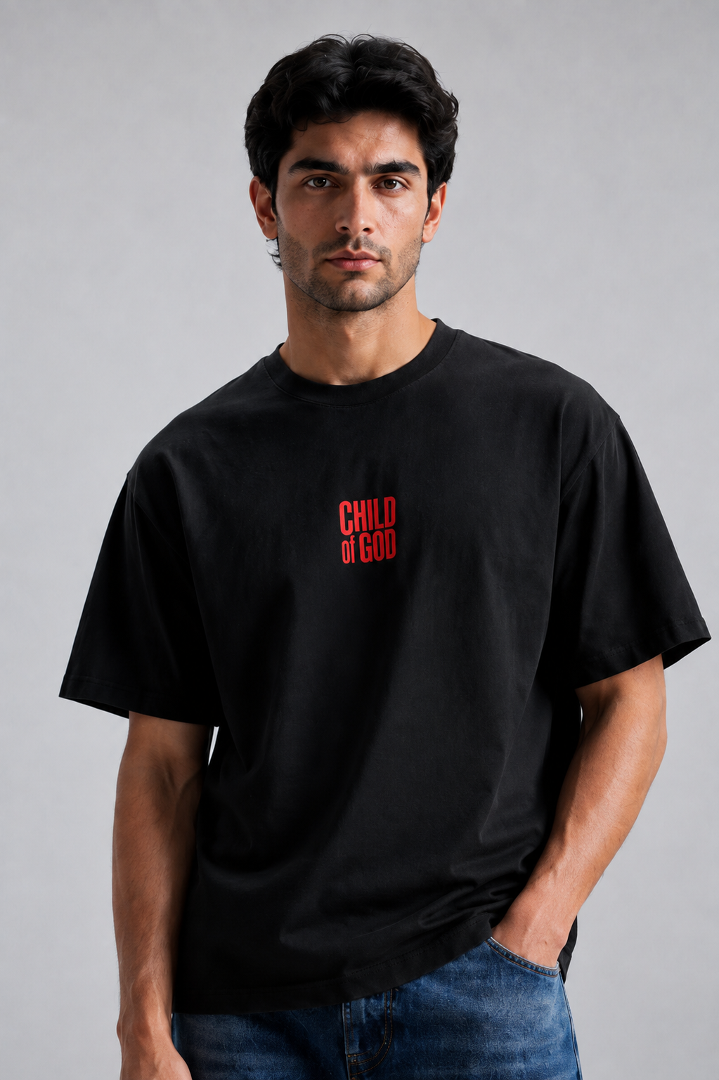 Close-up of STARK REDEMPTION Tee premium 240 GSM cotton fabric and logo
