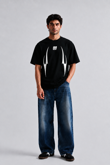 STARK 99 Engineered black oversized graphic T-shirt front view