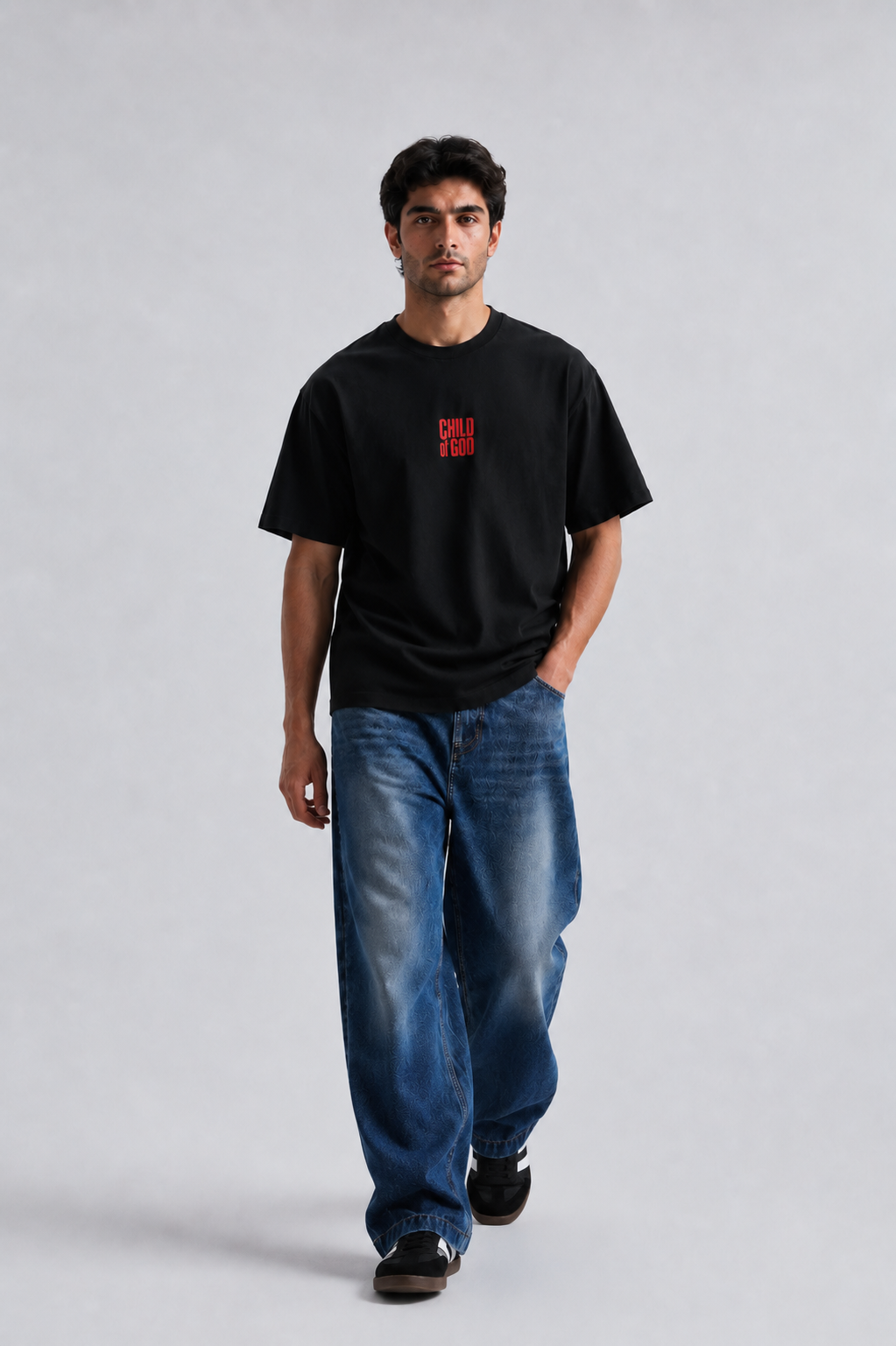 Male model wearing STARK REDEMPTION Tee premium streetwear oversized t-shirt