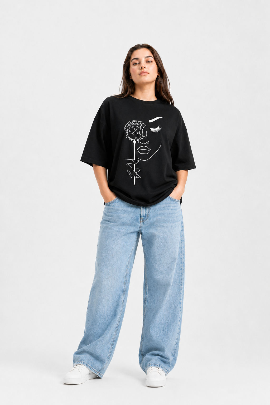 Rose Face Graphic Oversized T-Shirt – Black Streetwear