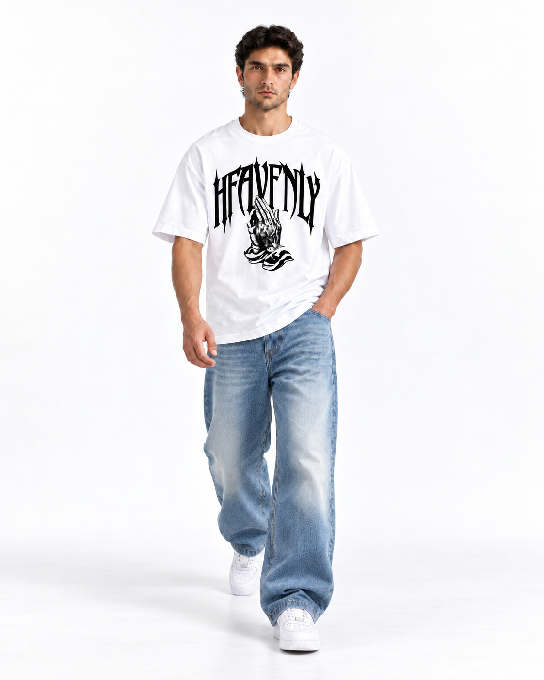 Heavenly Gothic Praying Hands Oversized T-Shirt - White