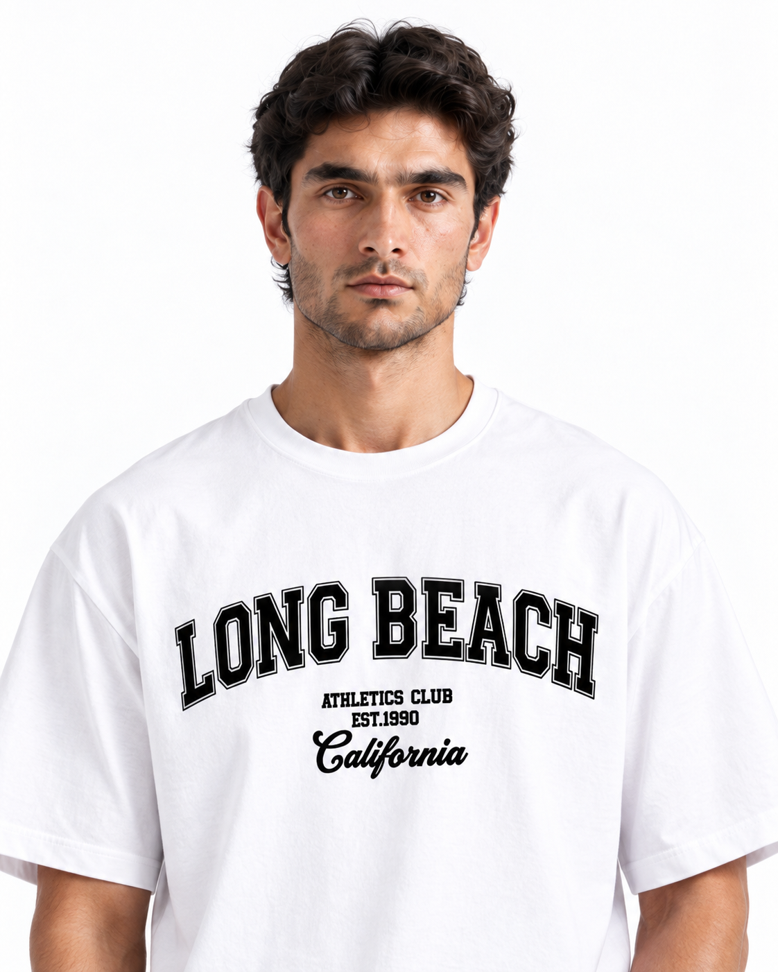 A man wearing a white short-sleeve t-shirt with 'LONG BEACH ATHLETICS CLUB EST.1980 California' printed in black on the front, set against a plain white background.