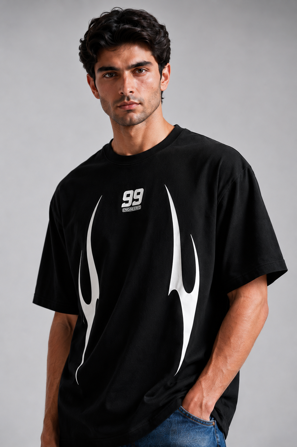 STARK black oversized graphic tee close-up