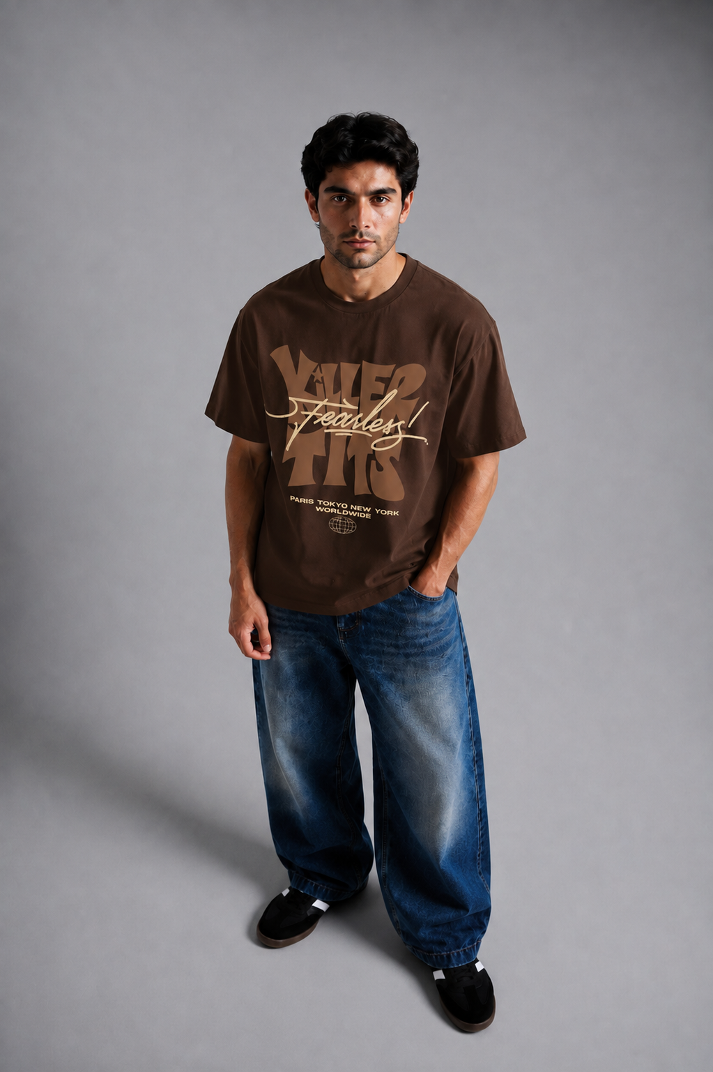 Brown Fearless graphic tee close-up typography detail
