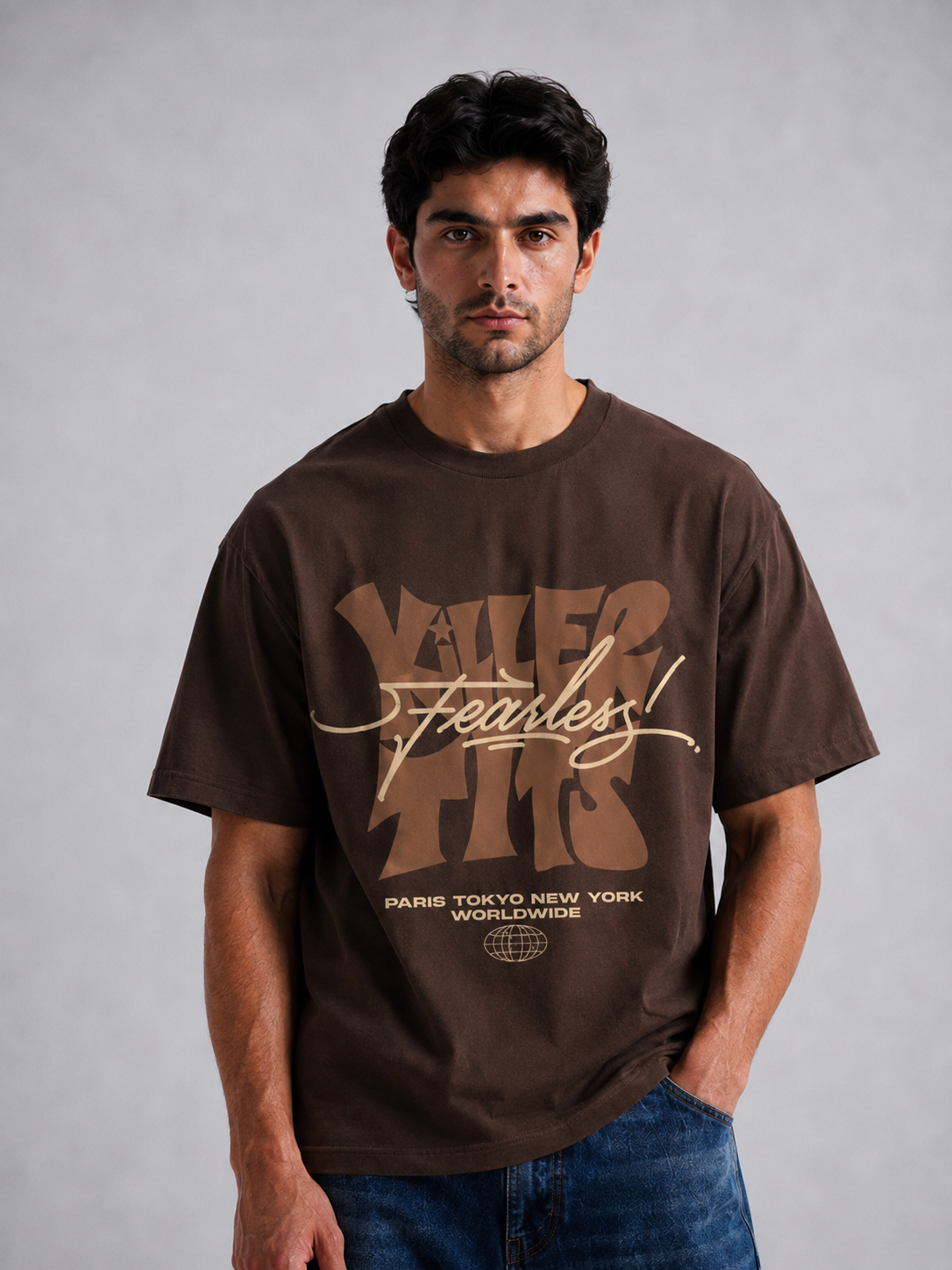Fearless Worldwide Graphic Oversized T-Shirt Brown