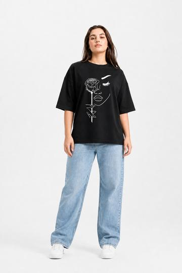 Rose Face Graphic Oversized T-Shirt – Black Streetwear
