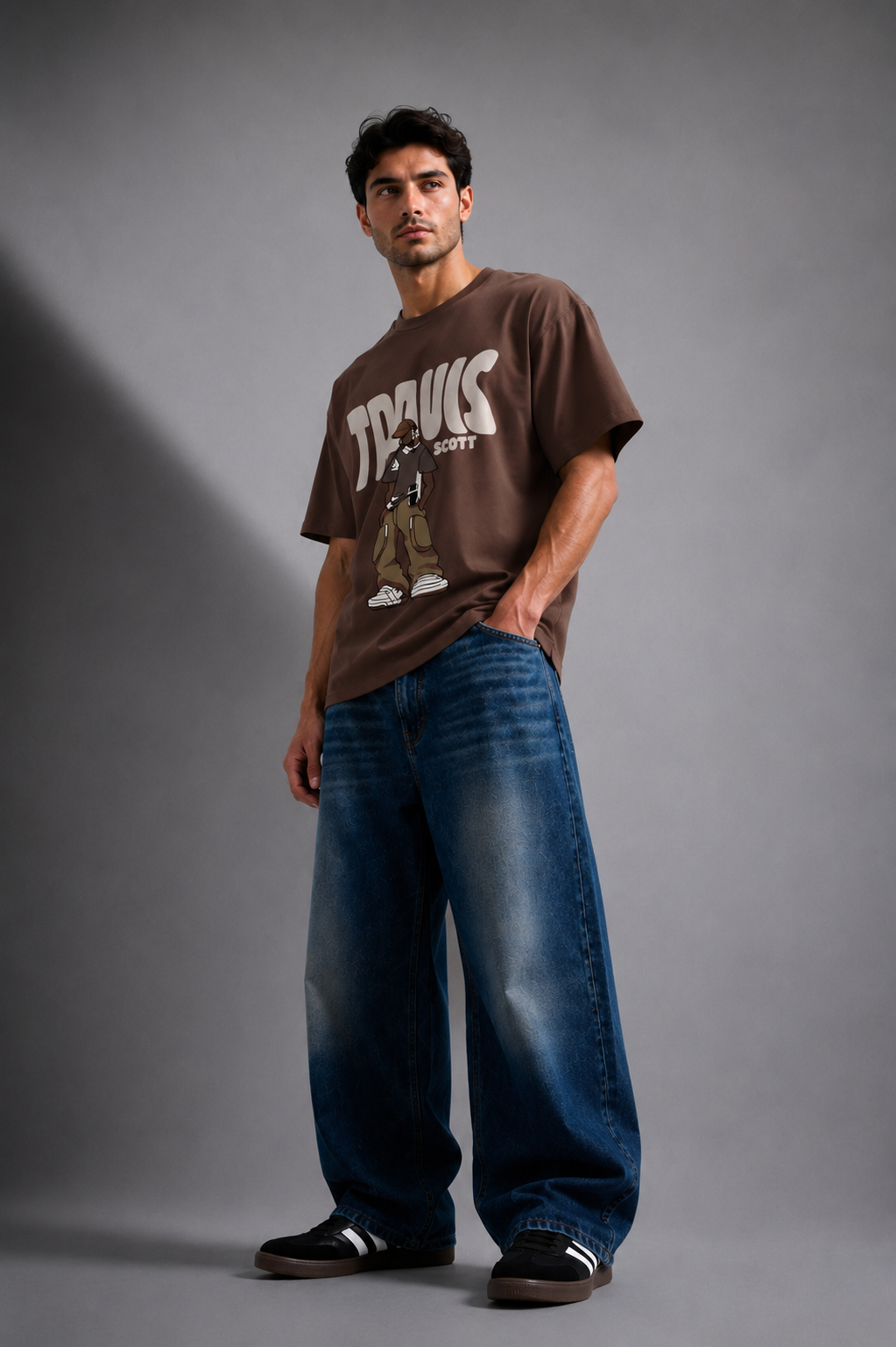 Brown Travis Scott graphic tee styled with baggy jeans