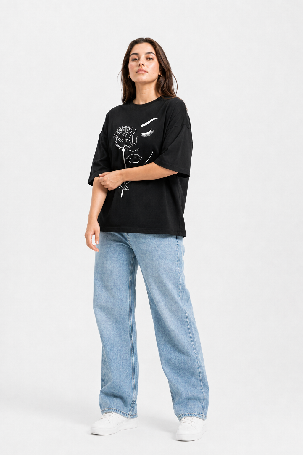 Rose Face Graphic Oversized T-Shirt – Black Streetwear