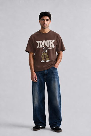 Brown Travis Scott graphic oversized t-shirt front view