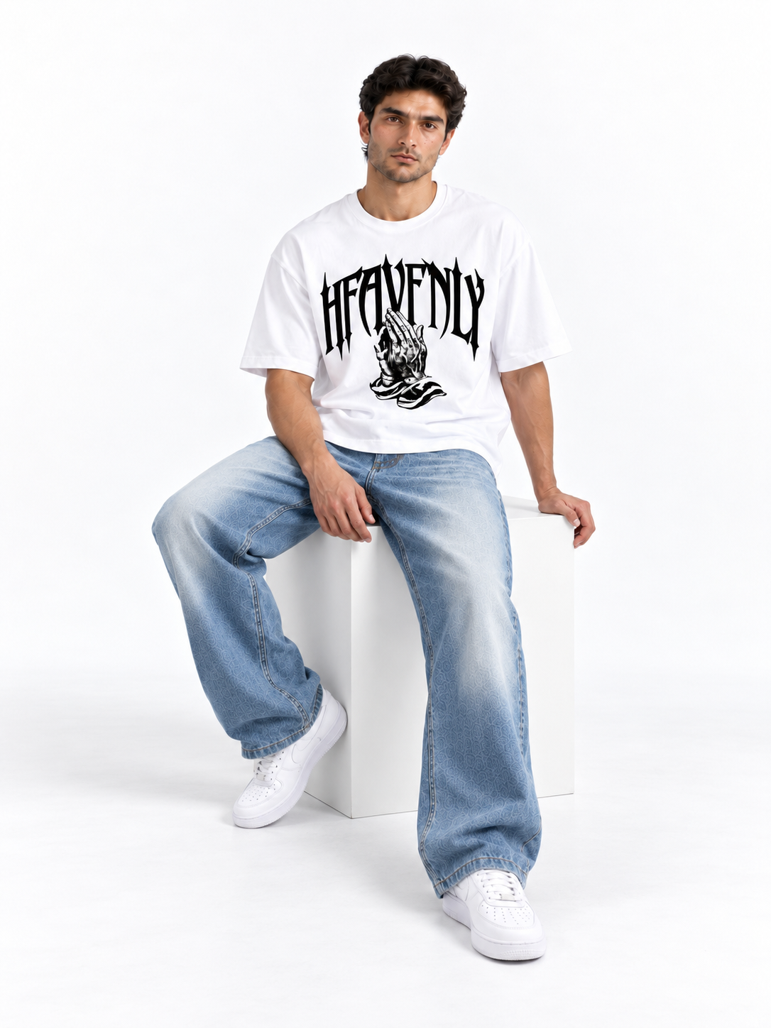 Heavenly Gothic Praying Hands Oversized T-Shirt - White